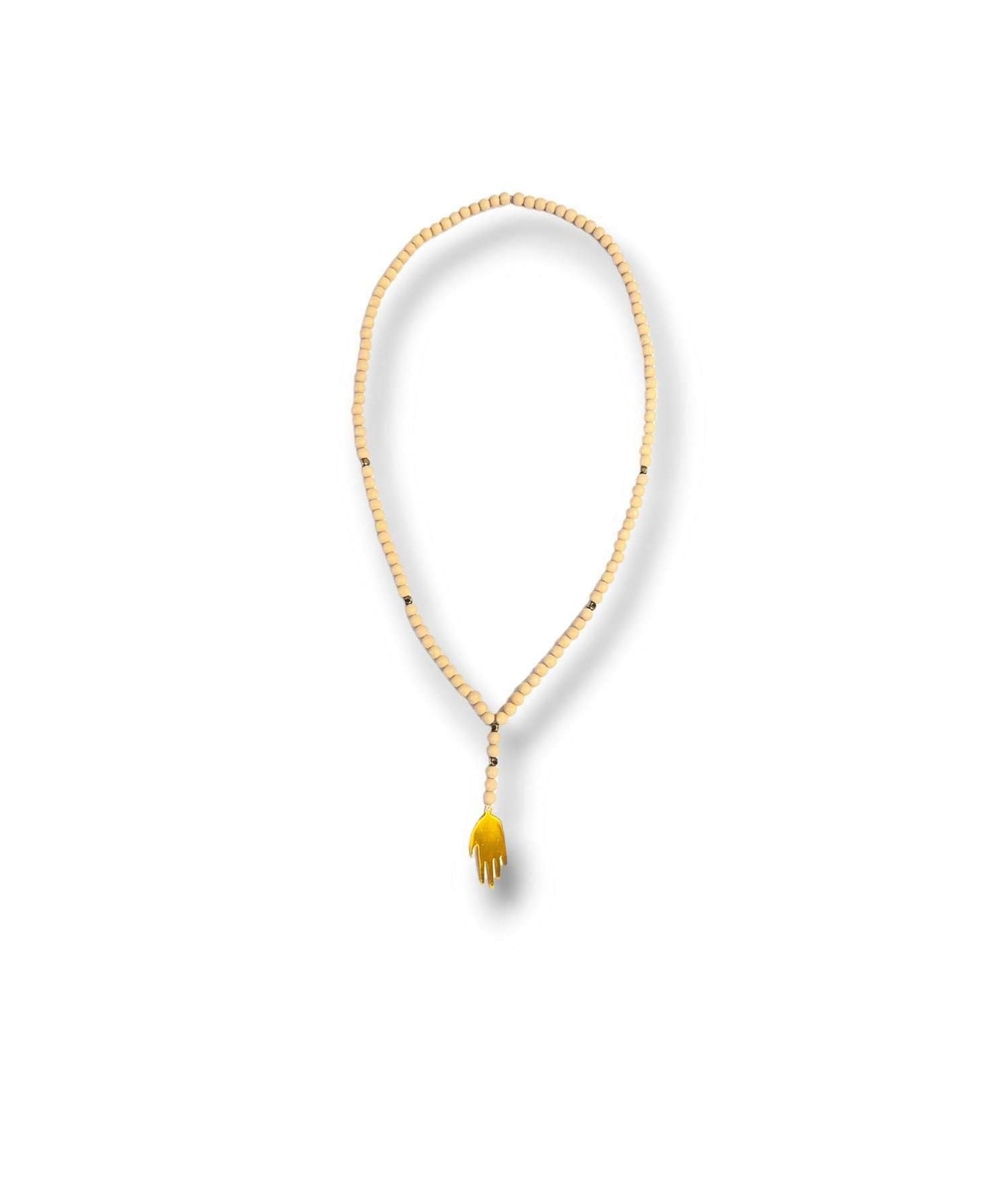 Wood Beaded Necklace With Gold Plated Hand Shaped Charm