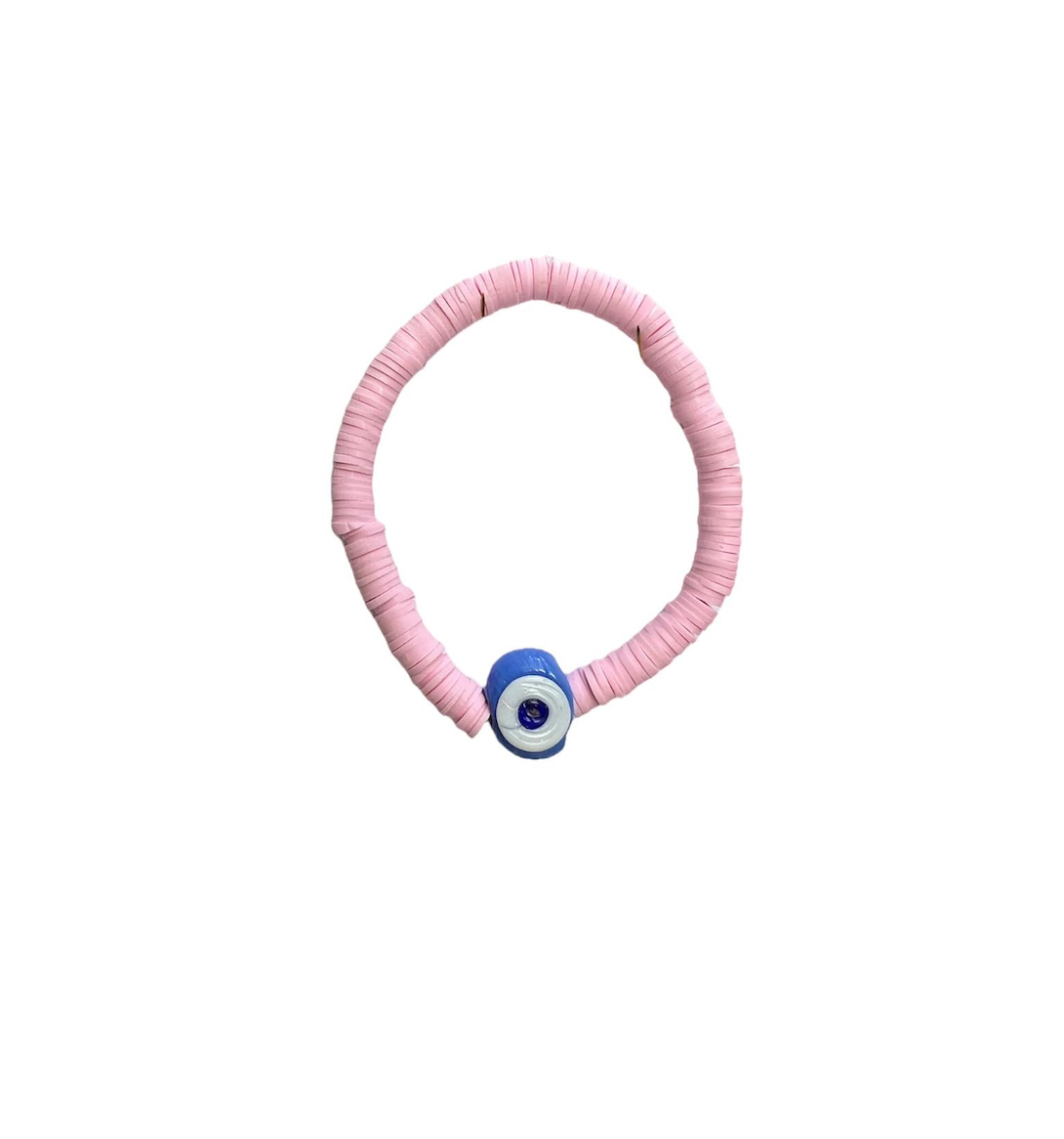 Baby Pink Rubber Beaded Bracelet With Crystal Eye
