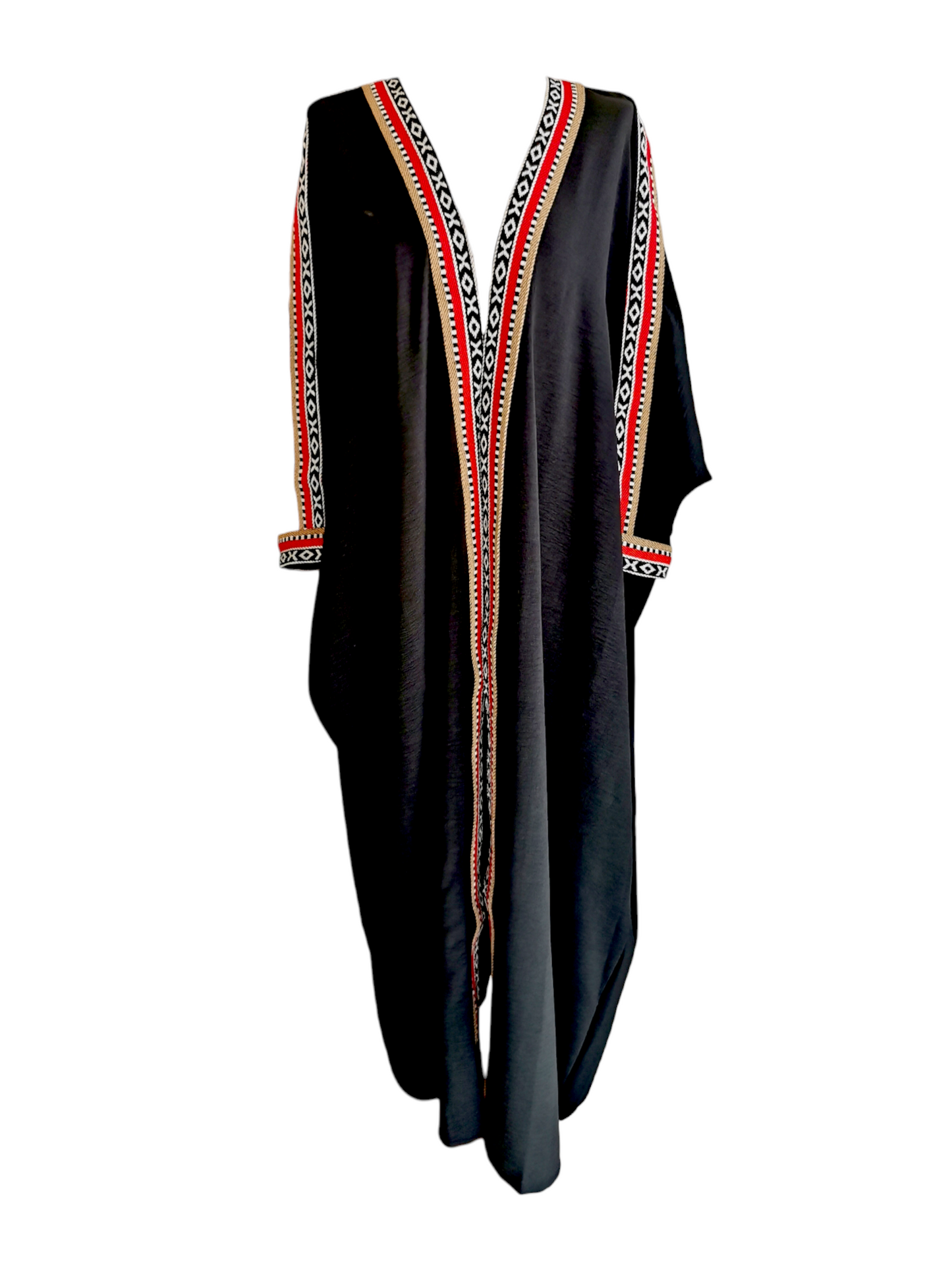 Black Abaya With Silver Red Sadu Stripe