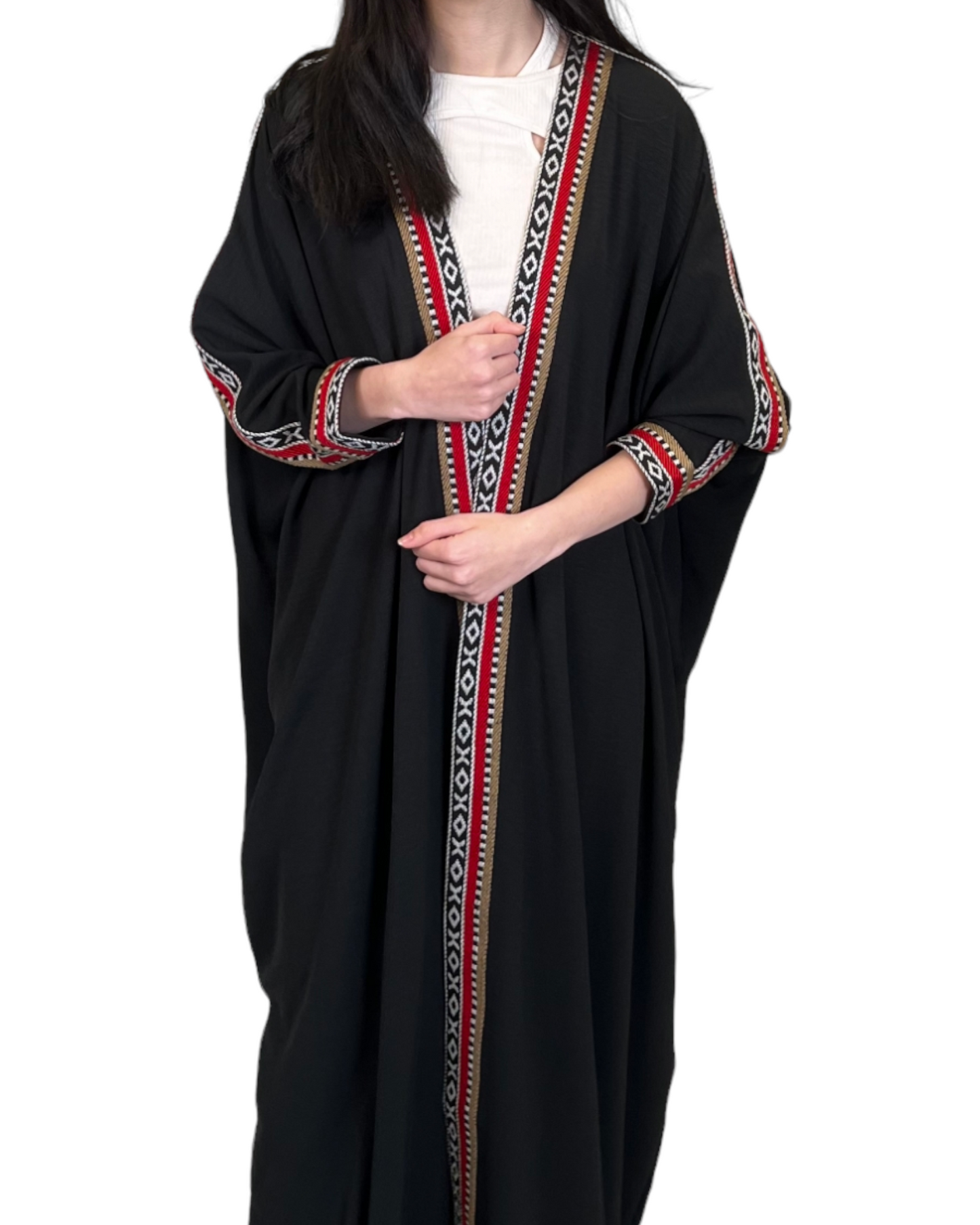 Black Abaya With Silver Red Sadu Stripe