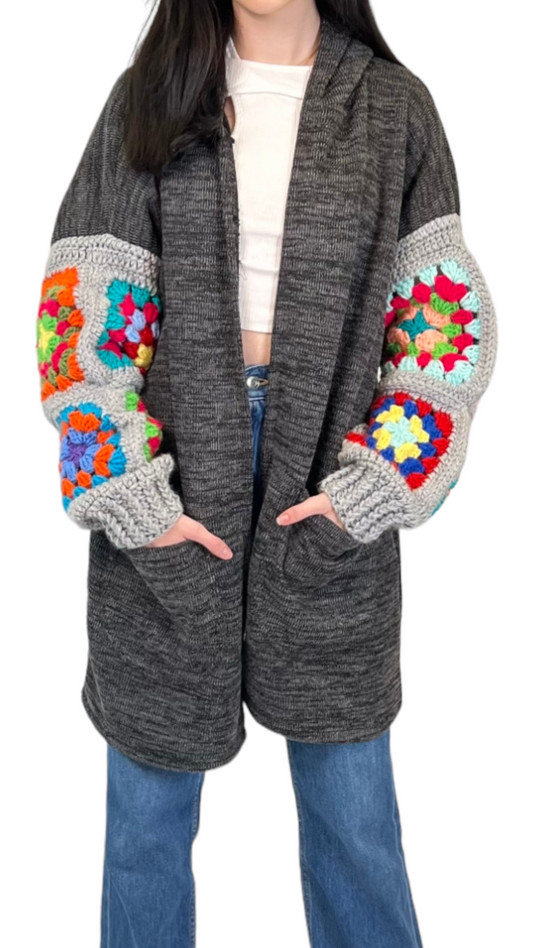 Charcoal Grey Long Jacket With Crochet Sleeves