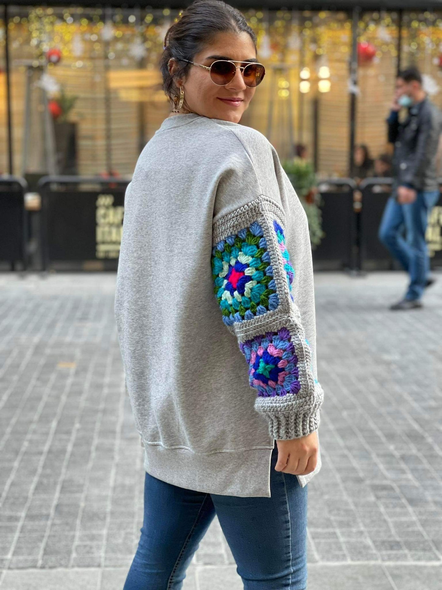 Light Grey Sweater With Wool Knitted Sleeves - Winter Collection